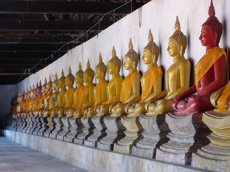 Row of Buddha Images, all in the posture of Subduing Mara, in the gallery at Wat Phutthaisawan, Ayutthaya