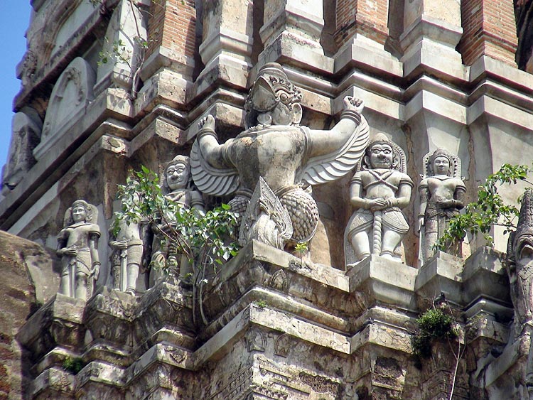 Garuda and other decorations on a 'corner' of the main prang, Wat Ratchaburana, Ayutthaya