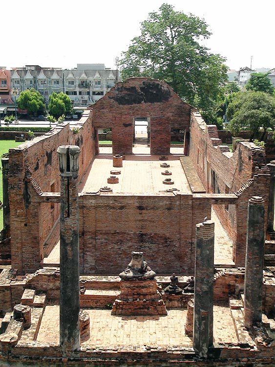 View over the Viharn (Grand Hall) from the main prang at Wat Ratchaburana