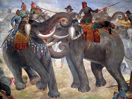 Battle scene between King Naresuan the Great and the Burmese army. Viharn of Wat Suwan Dararam. 