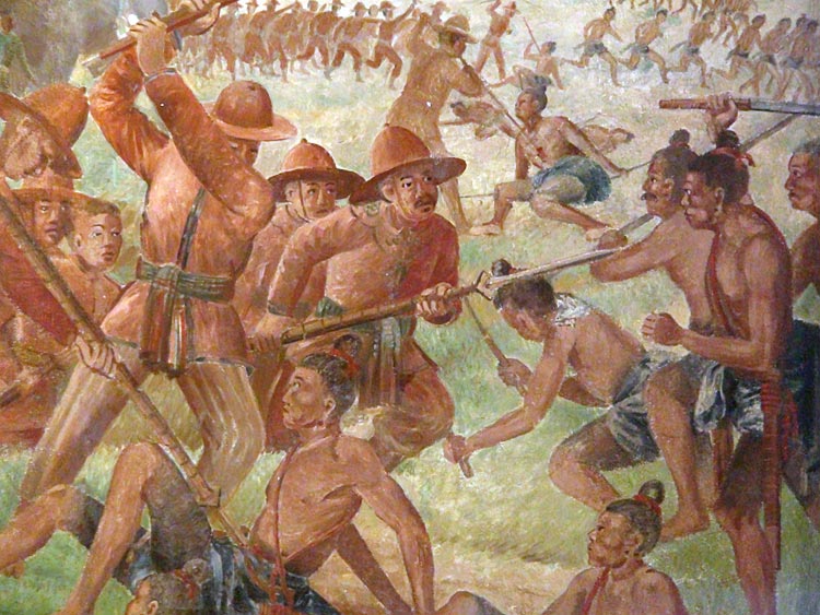 Battle Scene, part of mural painting at Wat Suwan Dararam, Ayutthaya