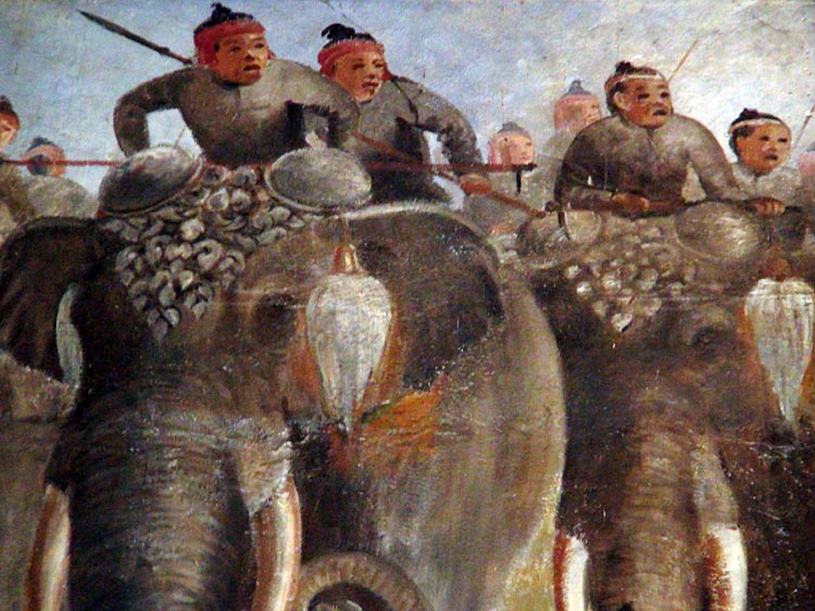 On Elephants, part of battle scene, Viharn, Wat Suwan Dararam