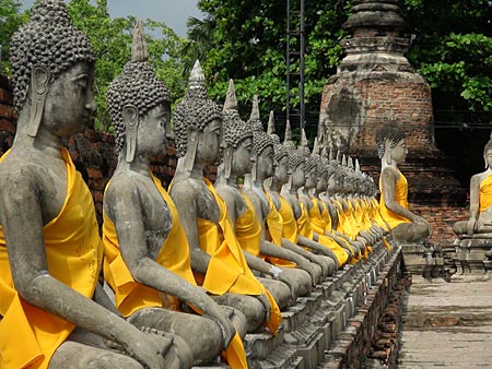 Rows of Buddha Images around the central stupa. Wat Yai Chai Mongkol.
